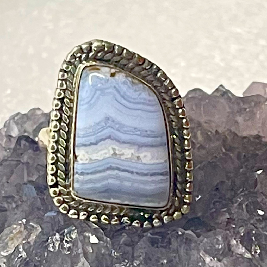 Blue Lace Agate Natural Gemstone Solid Sterling Silver Sz 71/4
